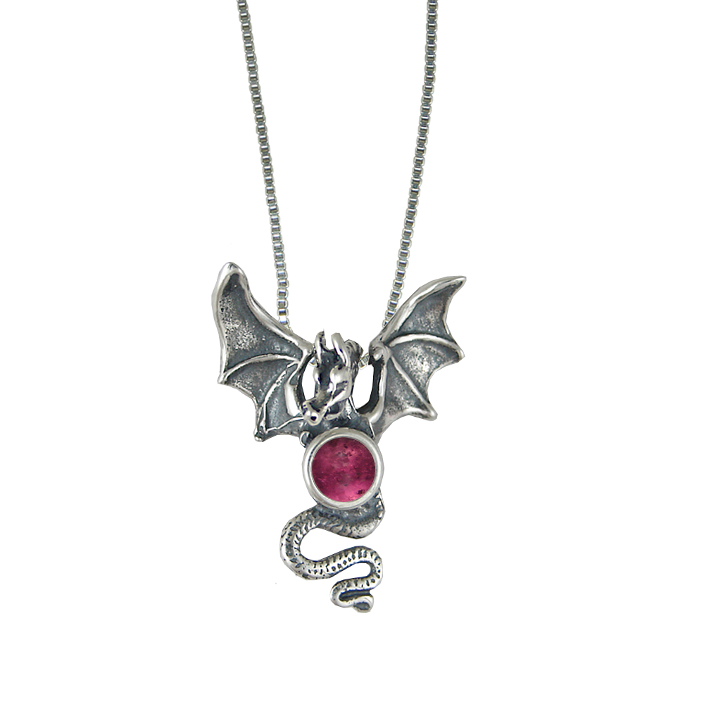 Sterling Silver Dragon of Protection Pendant With Pink Tourmaline